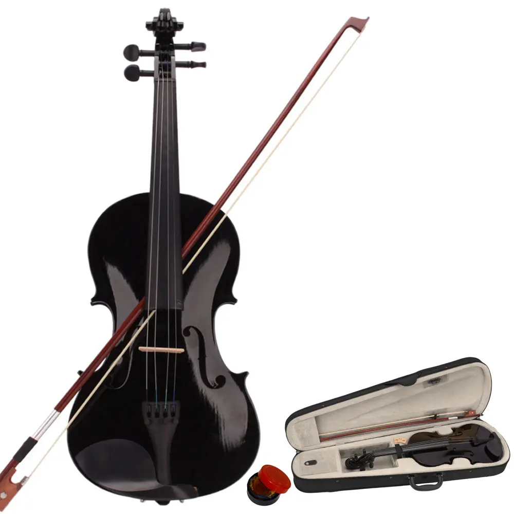 Adult Beginner 4/4 Black Acoustic Violin Set - Basswood Body, 1 Bow, 1 Rosin, Case Included, 23.4"x8.3"x2.8" Dimensions, Easy Setup for Learners Over 4'9"