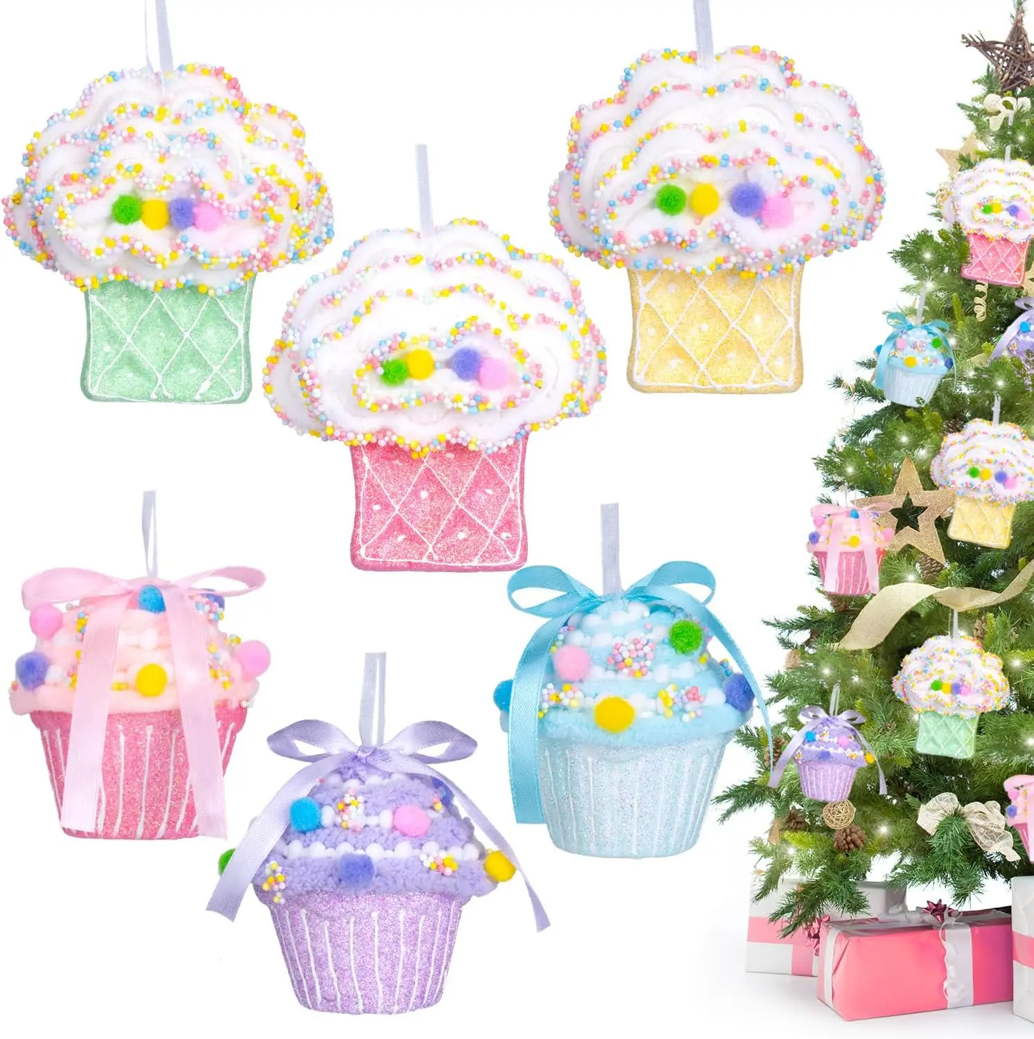 6 Pcs Pastel Cupcake Candy Land Christmas Ornaments Set, 3''-4'' Assorted Cute Macaron Color Cake Dessert Hanging Pendant Decorations for Xmas Tree, Kids Birthday Party, Home Holiday Decor Supplies