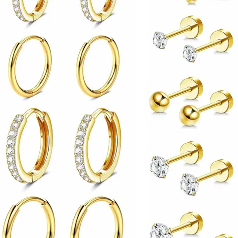14K Gold Hypoallergenic Huggie Hoop Earrings for Women, Small Flat-Back Studs for Multiple Piercings, Lobe Helix Cartilage Earring Set, Tiny CZ Ball Gold/Silver Stacking Stud Jewelry, Earring Stacks