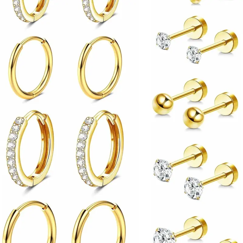 14K Gold Hypoallergenic Huggie Hoop Earrings for Women, Small Flat-Back Studs for Multiple Piercings, Lobe Helix Cartilage Earring Set, Tiny CZ Ball Gold/Silver Stacking Stud Jewelry, Earring Stacks