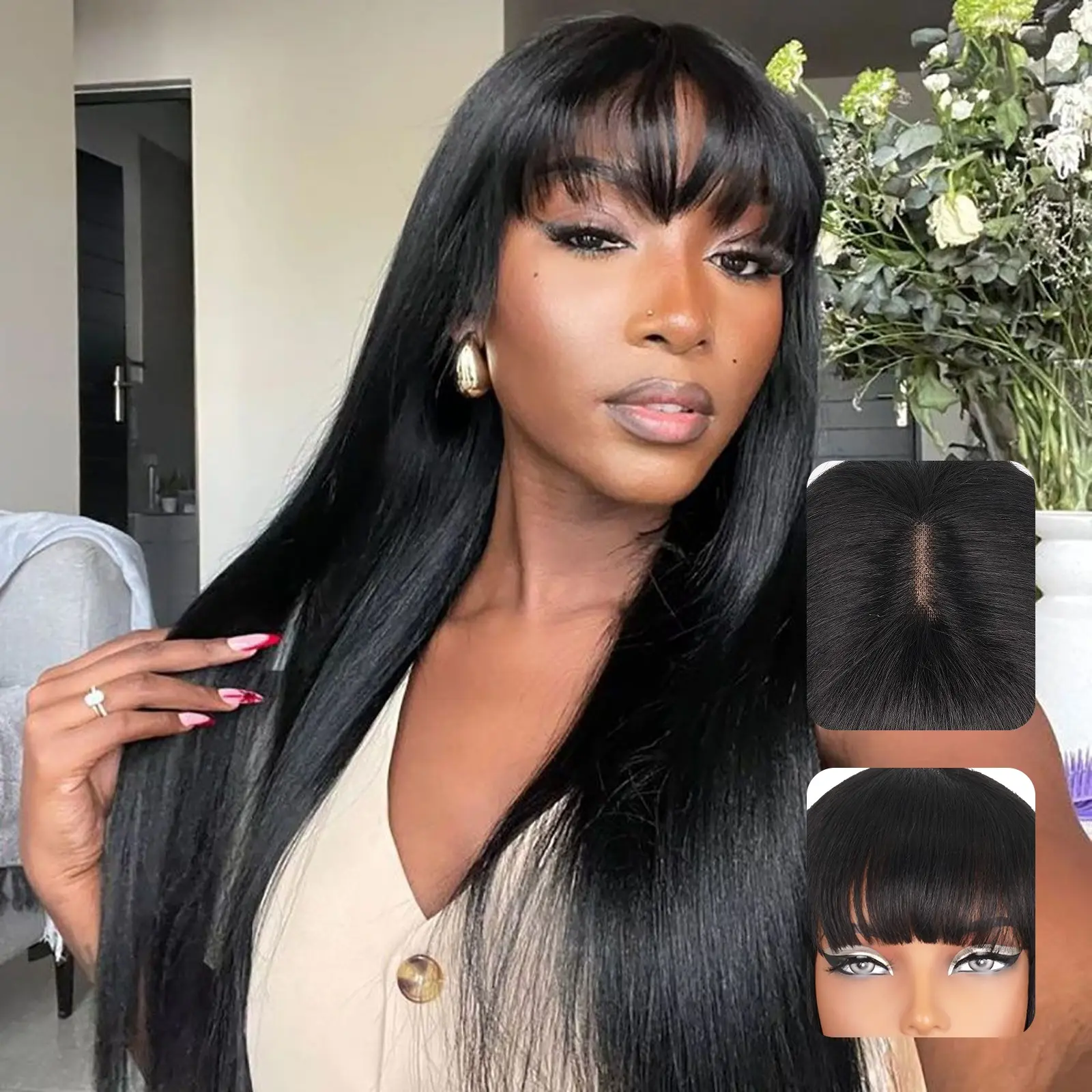 Lush Haute 【Special Offer】Yaki Straight Synthetic Hair Wig with Bangs 1X2.5 Lace Wig for Women Ready to Go Glueless 180 Density 22Inch Long