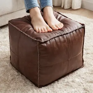 Soft Leather Pouf Ottoman Foot Rest, Unstuffed Floor Cushion with Storage, Handcrafted Foot Stool for Living Room Bedroom, Indoor Outdoor Use, 17 Inch