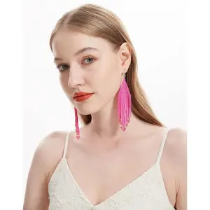 Long Native Beaded Earrings, Big Boho Seed Bead Fringe Dangle Earrings for Women, Large Bohemian Handmade Beaded Tassel Chandelier Drop Earrings