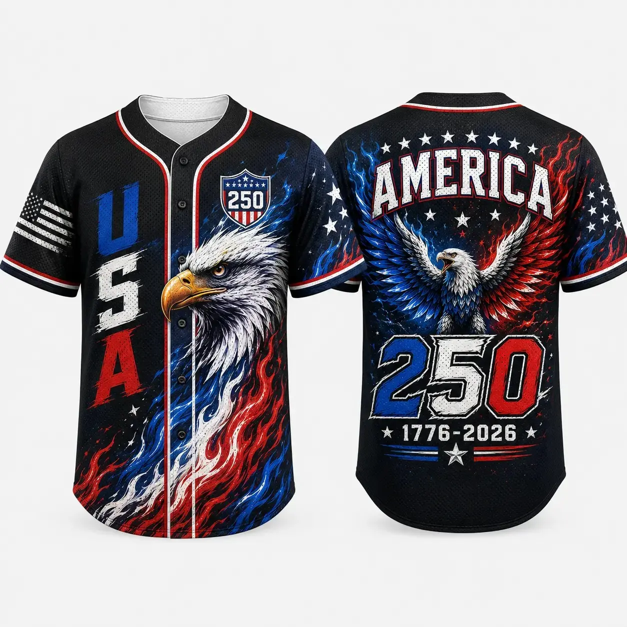 2026 USA 250 Black Button Down Baseball Jersey for Men, Bald Eagle Graphic, America 250 Back Print, Red Blue Flame Flag Design, Short Sleeve Patriotic Baseball Top for July 4th Game Day