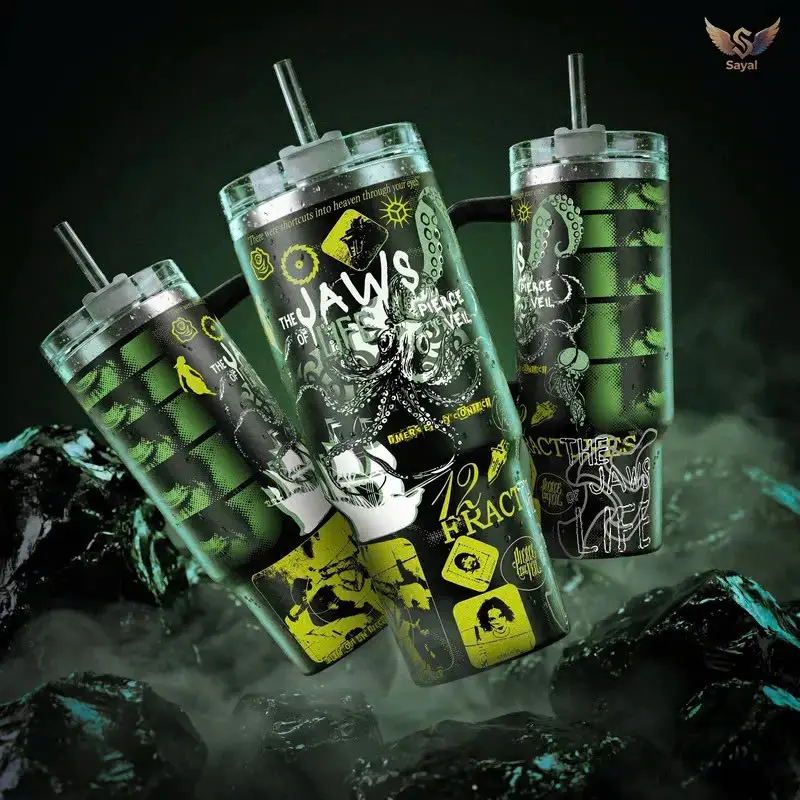 Pierce The Veil Bulls In The Bronx - Collidre With The Sky - The Jaws of Life PTV Band Art ALT ROCK 40 oz Thermal Vacuum Insulated 12H Hot Cold With Handle Music Lovers Vibes Punk Style Leak-Proof BPA-Free