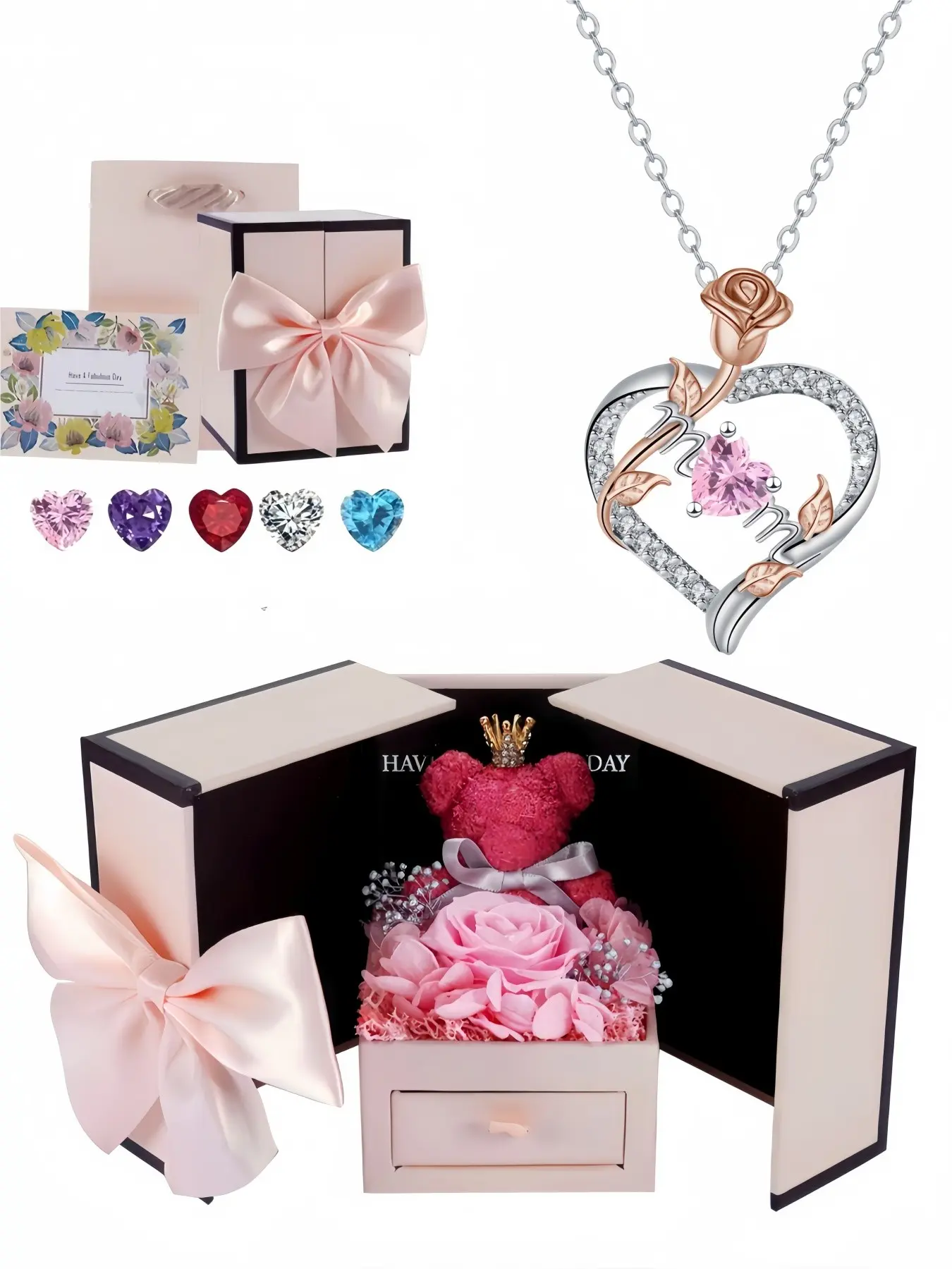 MOM Rose Glow, Color Charm Two-tone rose gold necklace, Exquisite jewelry gift, minimalist, light luxury and versatile clavicle chain, paired with preserved rose & teddy bear jewelry gift box, perfect gift for birthdays, Valentine's Day