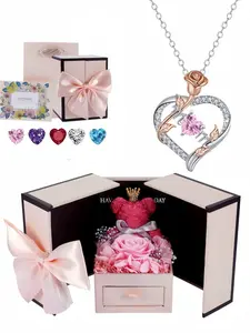 MOM Rose Glow, Color Charm Two-tone rose gold necklace, Exquisite jewelry gift, minimalist, light luxury and versatile clavicle chain, paired with preserved rose & teddy bear jewelry gift box, perfect gift for birthdays, Valentine's Day