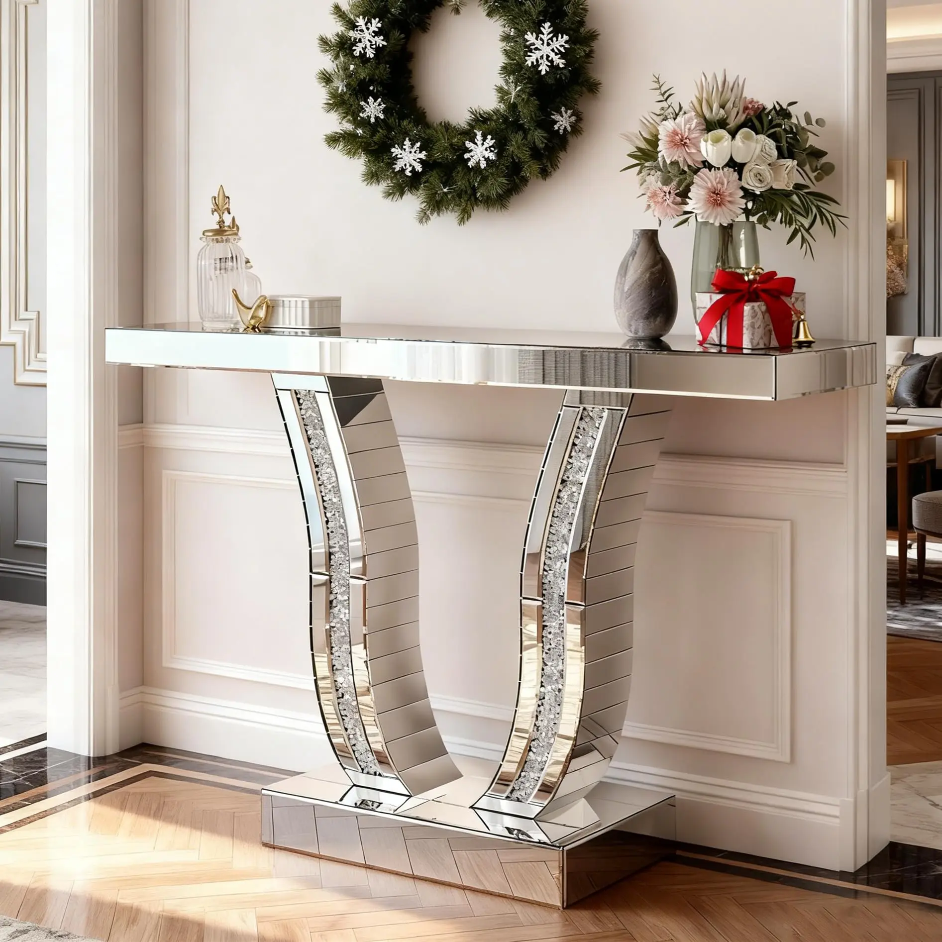 Silver Mirrored Console Table (43.3x11.81x29.33in, 48 lbs) - Rectangle Mirror Glass, Crystal-Inlaid U-Shaped Base, Curved Frame, Indoor Living Room Entryway Accent Table with Screws, Assembly Required, Floor Mount, Clean Design