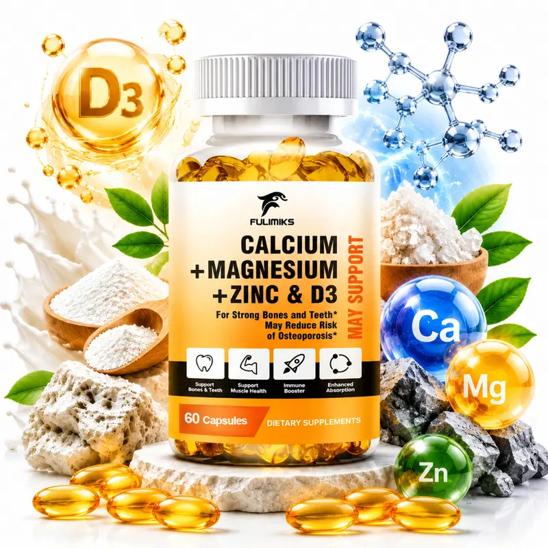 Fulimiks Calcium Magnesium Zinc with Vitamin D3 Supplement, 1000mg Calcium 400mg Magnesium 25mg Zinc 600IU D3, Bone Teeth Muscle Immune Support Mineral Capsules, 60 Capsules for Men Women