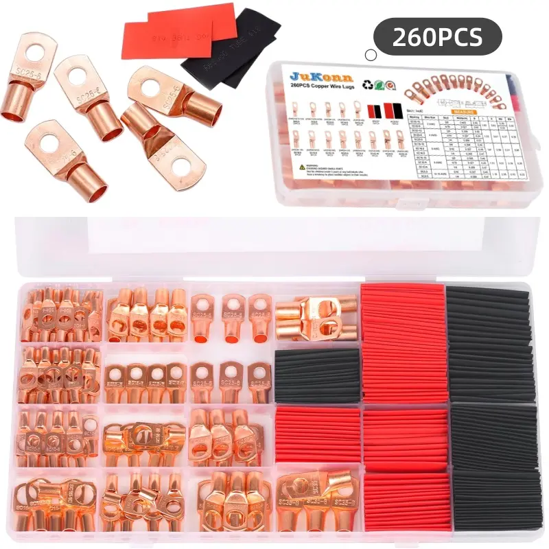 260 PCS Copper Wire Connectors and Terminal Connectors: 120 battery cable connector ends and 140 heat shrink tubes, for AWG 2 to 12 cables. Heat shrink kits, bare copper eyelets, and ring connectors.