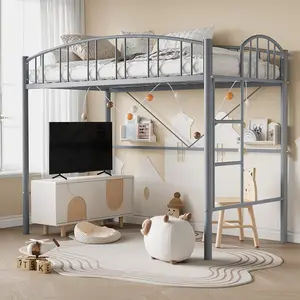 【Christmas Gift】Loft Bed Twin Size Heavy Duty Metal Loft Bed Frame with Arched Guardrail and Safety Ladder Space-Saving No Box Spring Needed Matte Grey