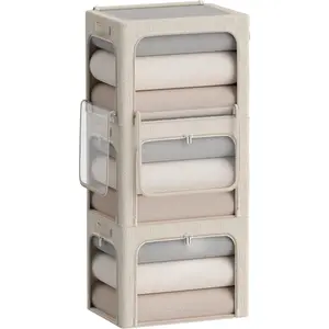 3Pack Stackable Foldable Storage Bin Metal Frame Storage Box with Clear Window Carry Handles 36L15.7x11.8x11.8in Beige