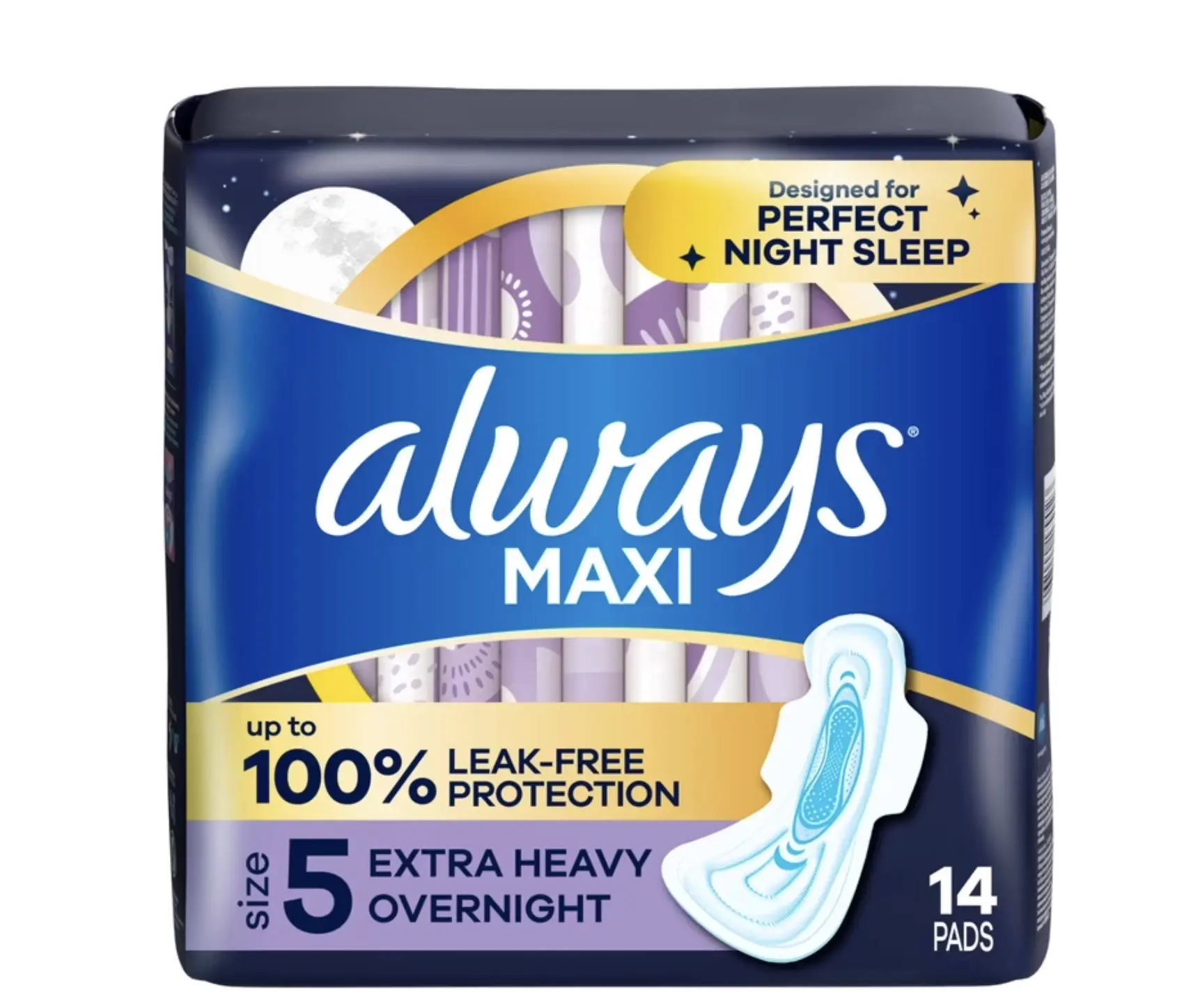Always Maxi Pads Size 5, Extra Heavy Overnight with Wings, 14 Count