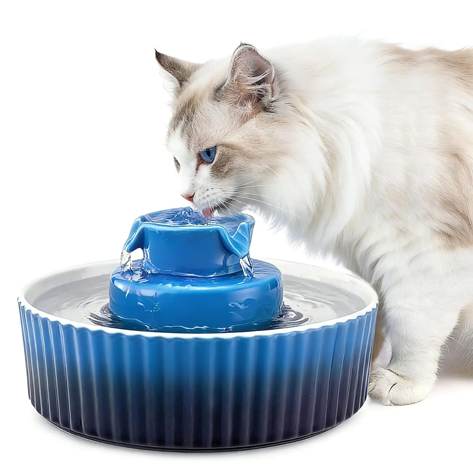 VEVOR Ceramic Cat Water Fountain, 2.1L/71oz Cupcake Pet Fountain, Porcelain Cat Water Dispenser with Ultra-Quiet Pump, 360° Drinking Area and Multi-Layer Filtration System, for Cats and Dogs (Blue)#BackToSchool