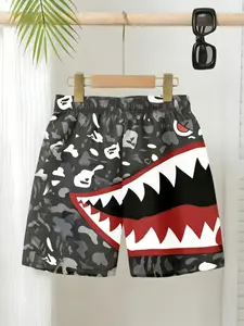 Camouflage Shark Mouth Print Summer Shorts, Casual Loose Beach Trunks, Lightweight Quick-Dry Swimwear, Swimming Shorts, Street Style & Vacation Wear