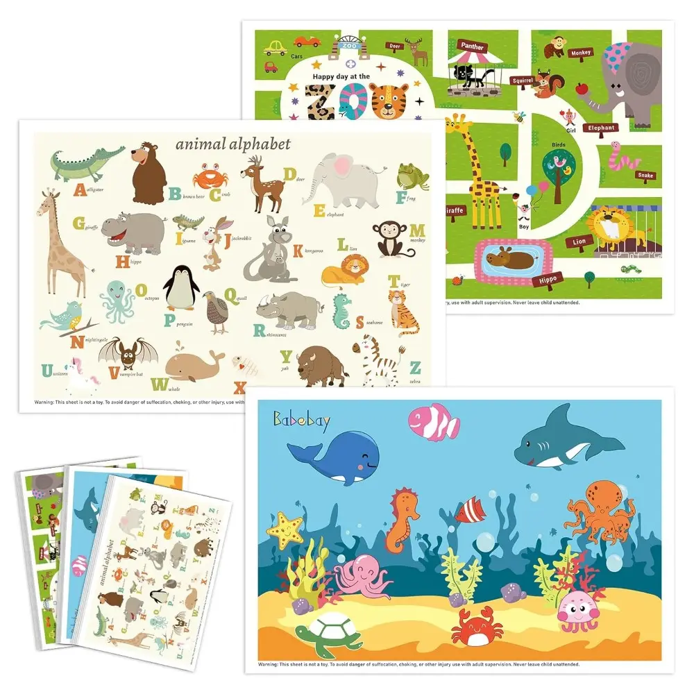 Disposable Sticky Kids Dining Table Mats - 60-Pack Lightweight Household Placemat, 12"x18" Vibrant Alphabet Fun Portable Travel Table Pad Mat for Toddlers' Eating, 3 Designs for Restaurants, Portable Travel Placemat