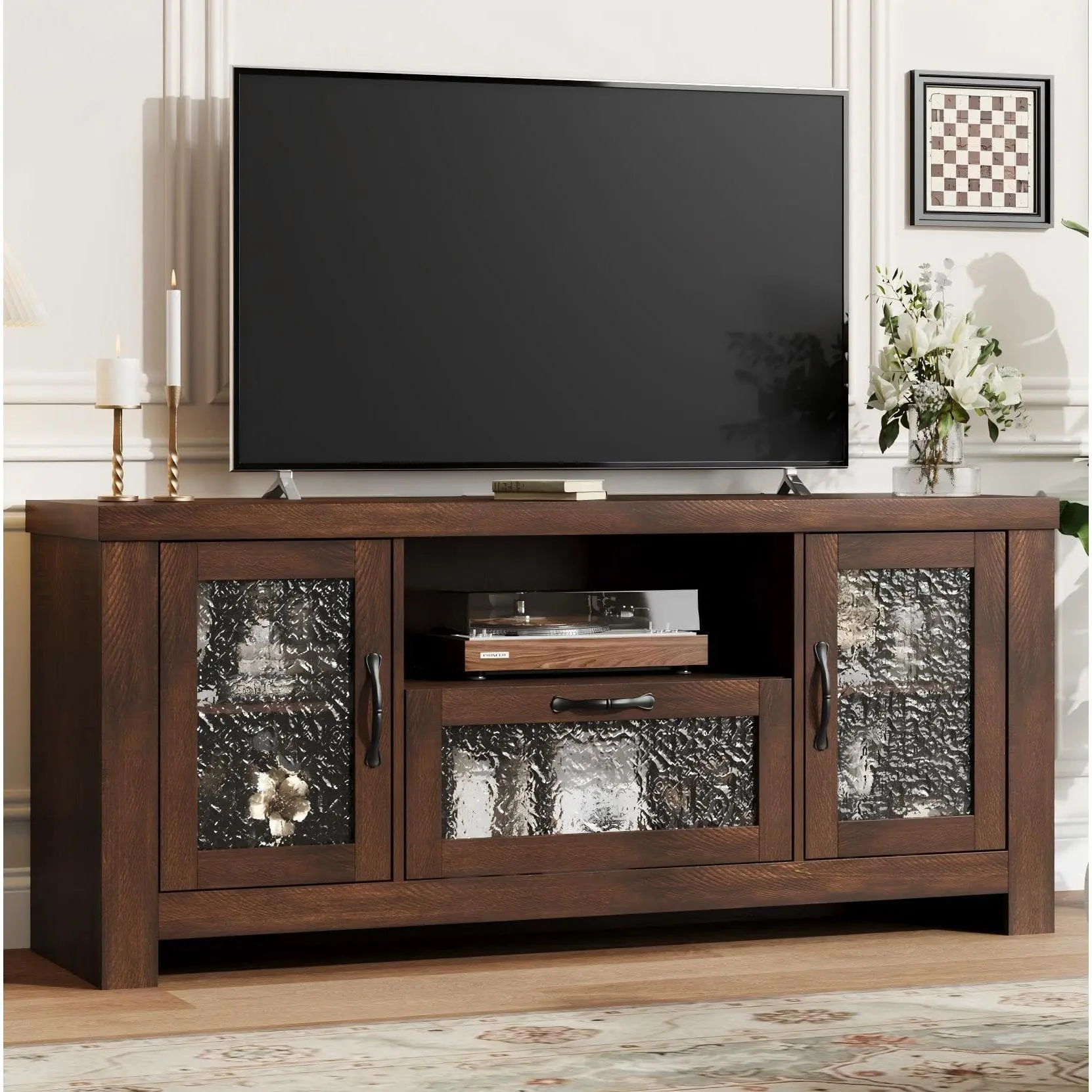 Garvee Entertainment Center for 65 Inch Screen, Farmhouse Style Console Table with Acrylic Door Storage and Adjustable Shelves, Rustic Brown Cabinet for Living Room or Bedroom