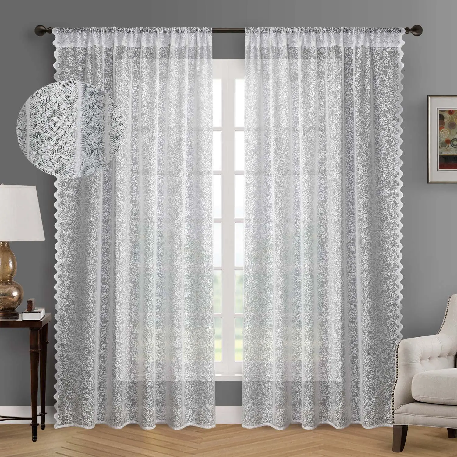 White Foliage Jacquard Voile Window Curtains - 2-Panel Vintage Textured Sheers for Bedroom, Soft Light Filtering, Window Curtain