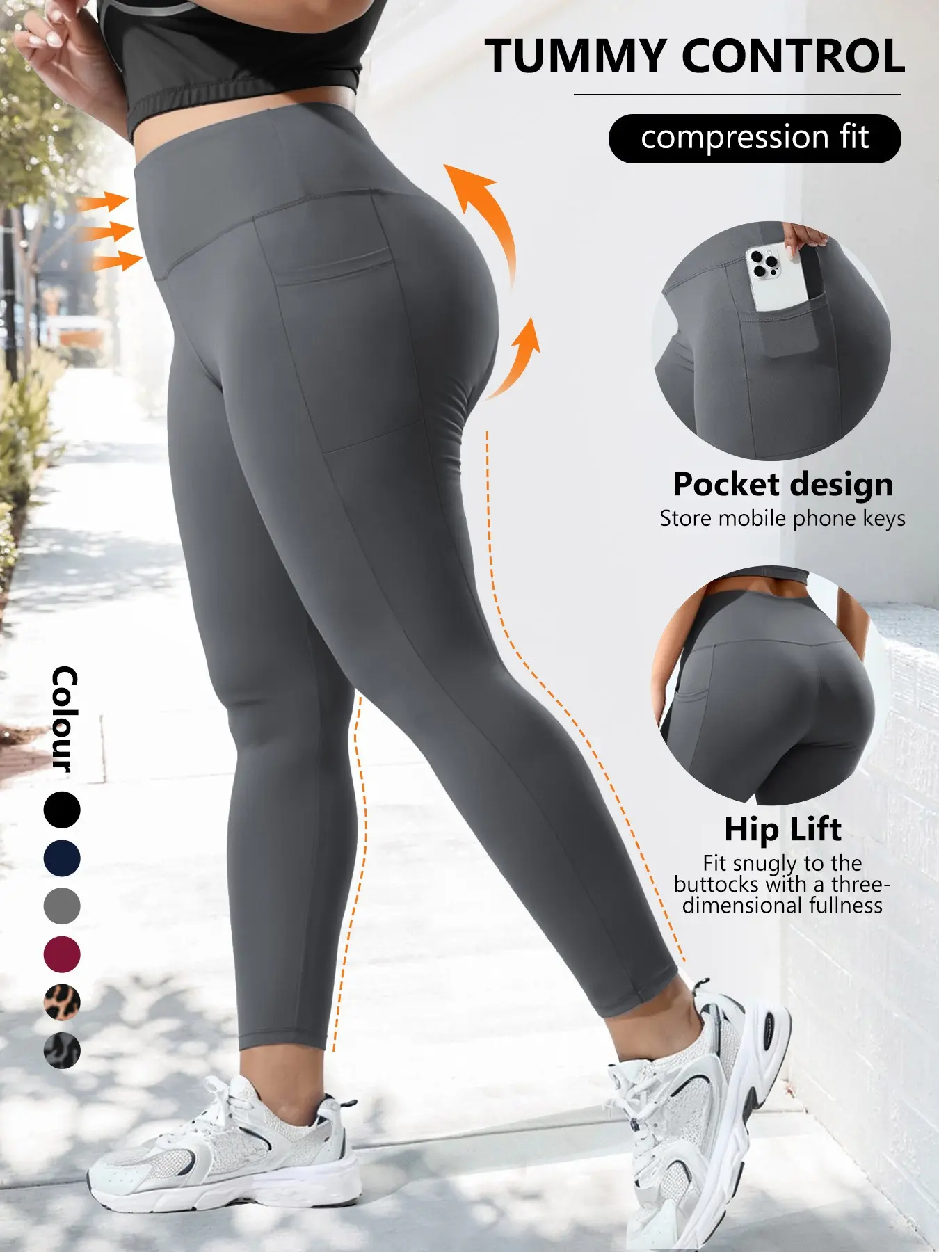 Women's Plus Size High Waist, Elastic Fit with Pockets, Leopard Print, Casual Commuter Yoga Bottoms, Daily Wear, High Waisted Compression, Glute Enhancing Leggings