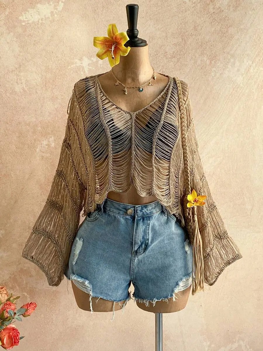 Plus Size Avant-Garde Sexy V-Neck Long Sleeve Loose Knit Sweater, Bohemian, Boho, Vacation, Vintage, Holiday, Music Festival, Beach, Cruise Fall