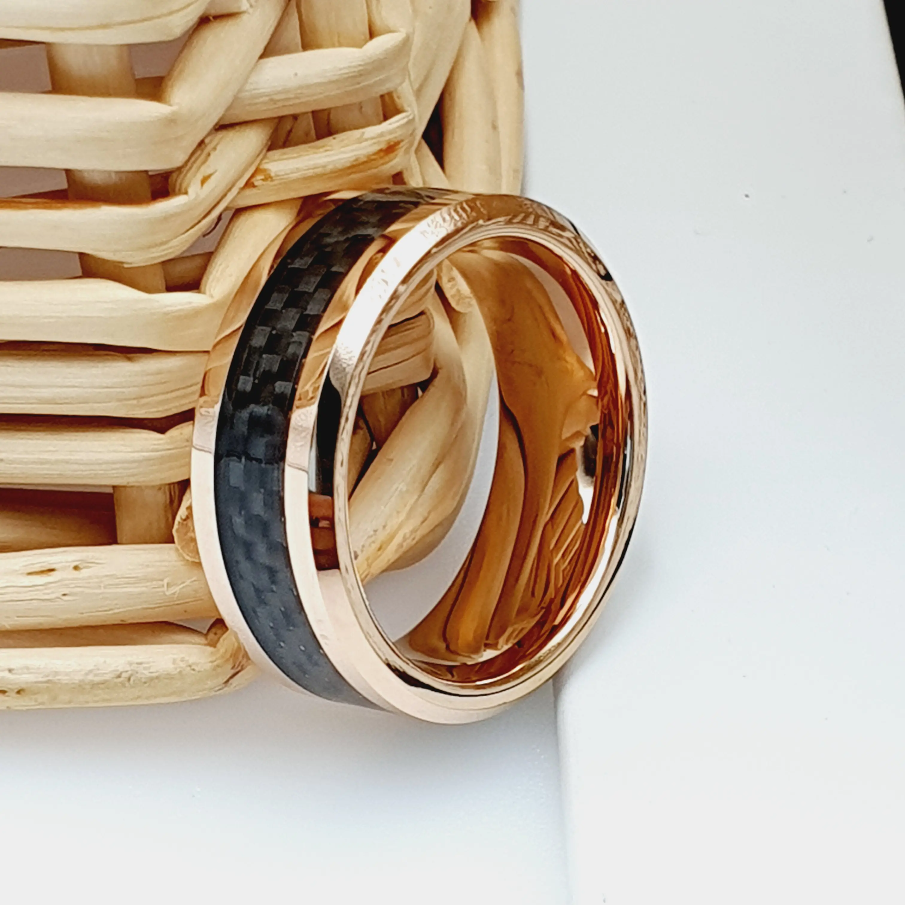 Men's Wedding Ring with Blue & Black Carbon Fiber Inlay, 14K Rose Gold Beveled Edge Polished Design