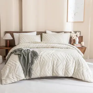 Comforter Set Beige, Comforters Queen Size Boho Cream Soft Warm Tufted Neutral Bedding Comforter Sets for Queen Bed, 3 Pieces Aesthetic Chevron Farmhouse Cute Bohemian Textured Bed Set