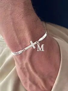 Men's Cross Initial Letter Bracelet, Fashion Classic Silvery Stainless Steel Herringbone Chain, Stylish Men's Jewelry Accessory