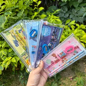 5-piece cute animal themed stationery set, 2 pencils, 1 eraser, 1 pencil sharpener, 1 ruler, portable gift box, suitable for school and graduation, school supplies, Student Essentials | joyful design | durable plastic box, school supply set