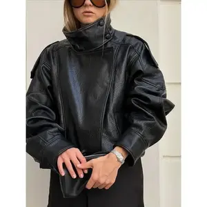 Women’s autumn faux leather jacket, casual solid-color long-sleeve zip-up PU leather jacket, new fashionable women’s streetwear, minimalist basics, black hoodie GARMENTARY