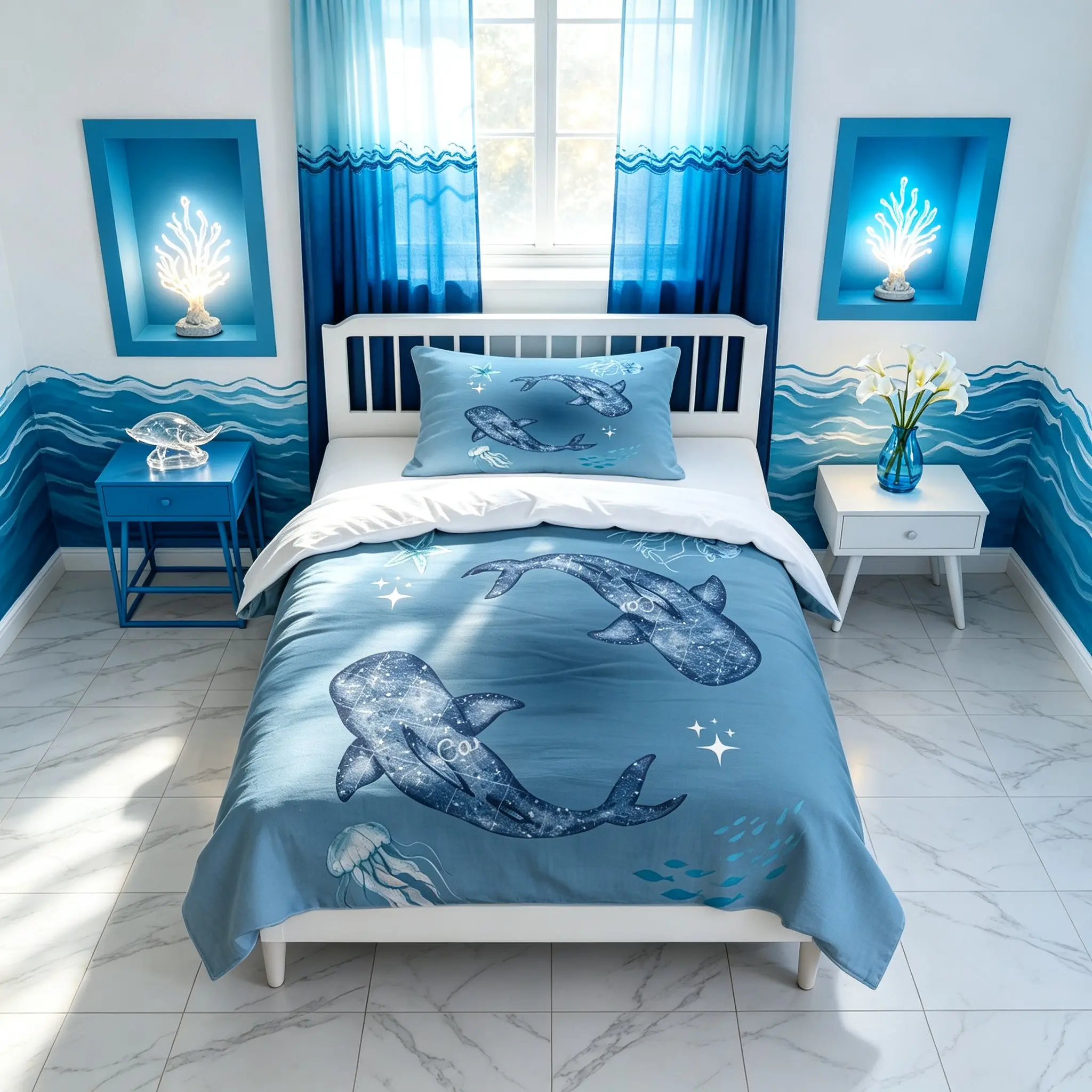 Whale Shark Ocean Duvet Cover Set, Watercolor Bedding Set, 2/3 Pieces (1 Duvet Cover + 1/2 Pillowcases, No Comforter/Pillow Insert), Watercolor Ocean Style, Soft and Breathable Fabric, Bedroom Decor