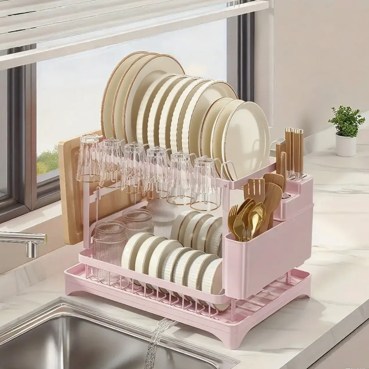 1 pc, double-layer dish drainer,Quick-Dry Rack,Includes a drip tray and a storage rack with a drip tube,Space-Saving Storage Basket,Kitchen countertop storage box,Cup holder, cutlery holder,Dish Drying Organiser,Kitchen Organizer, Countertop Dishes Rack