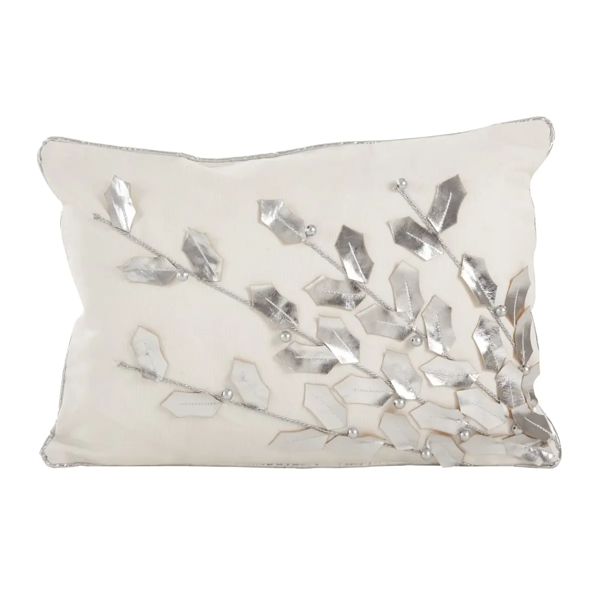 Silver Metallic Poinsettia Branch Motif Holiday Throw Pillow - Zippered Close Cotton Cover, Poly-Filled, Shimmering Look for Home Interior Holiday Decor