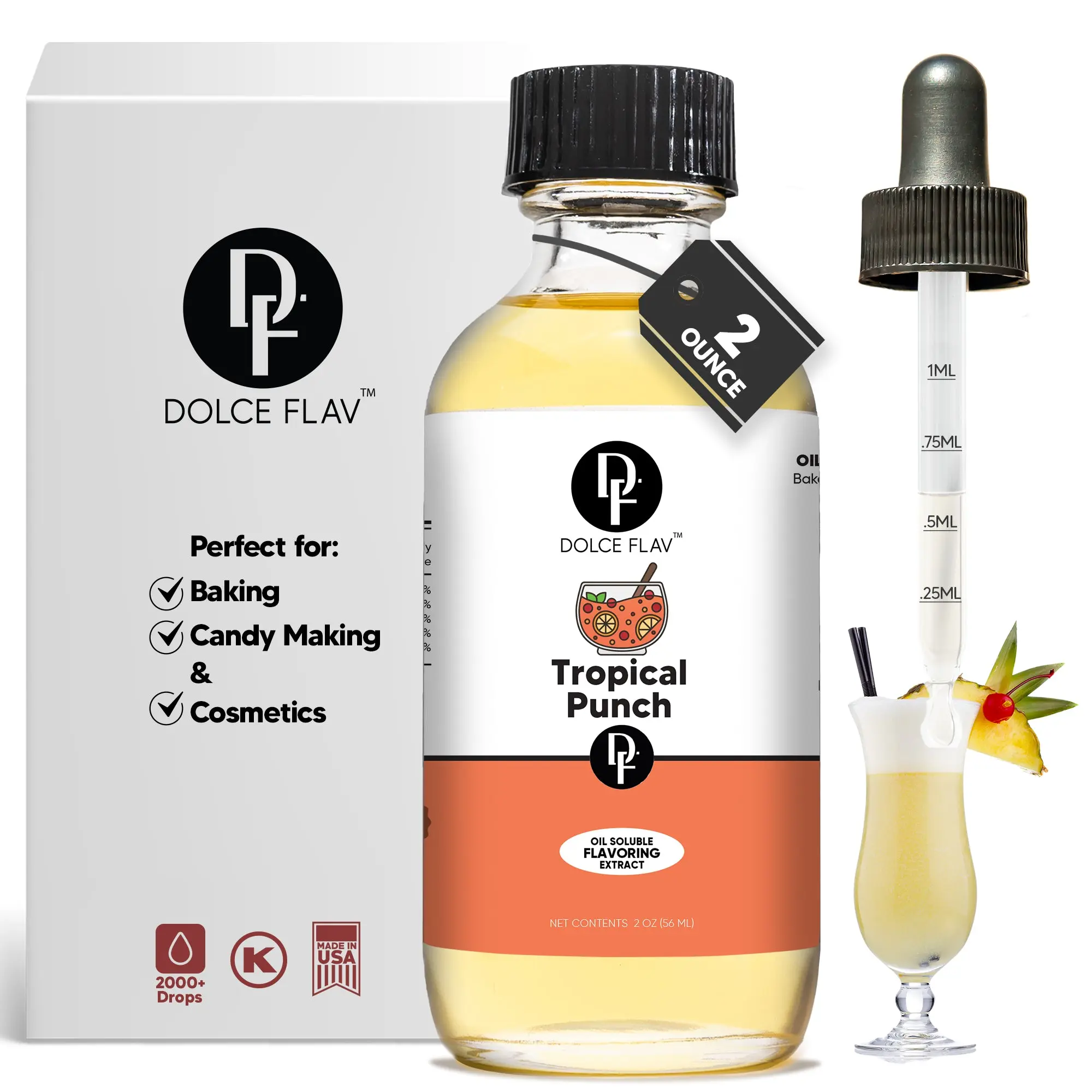 Dolce Flav Oil-Soluble Tropical Punch Flavoring Extract 2 oz - Sweet Fruity Baking & Candy Making Natural Dye-Free Alcohol-Free