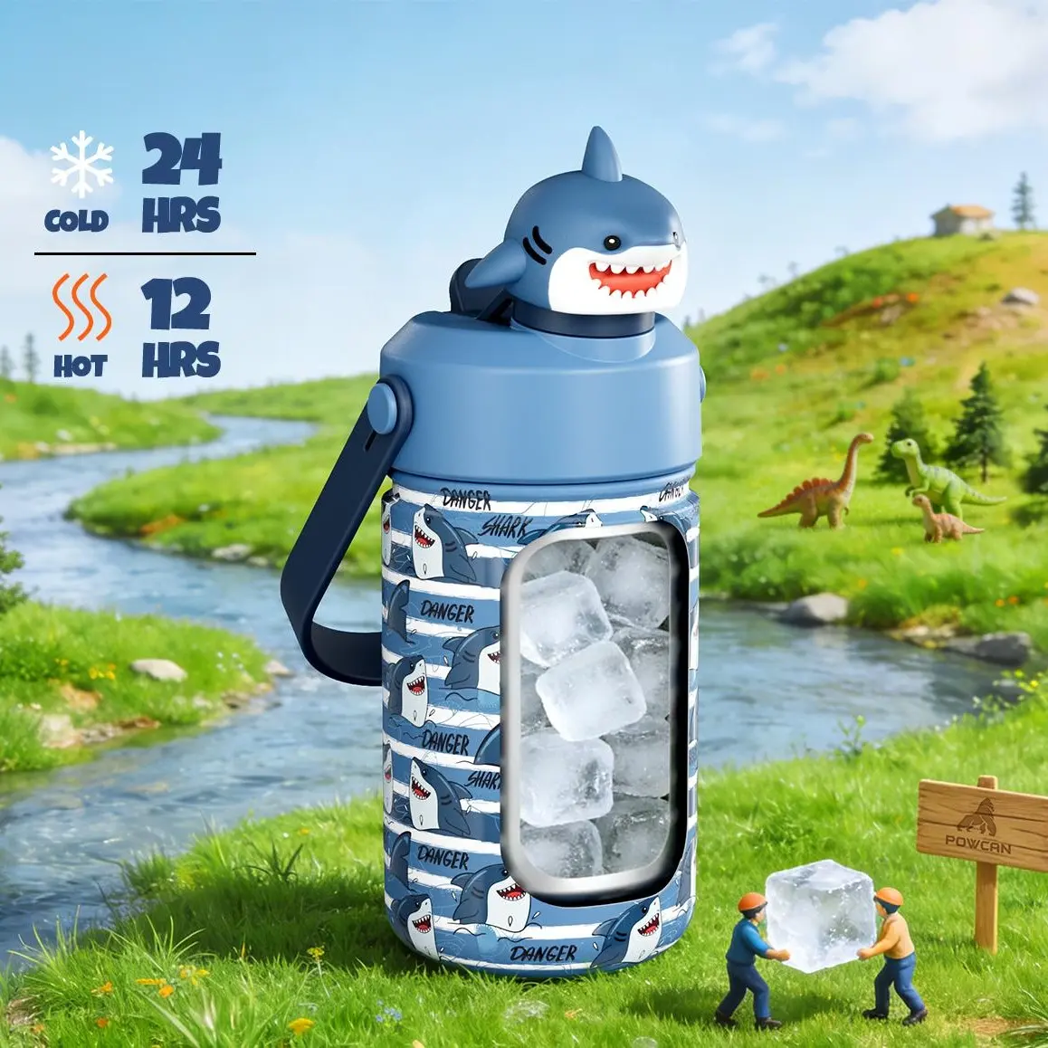 Summervibes, POWCAN 12oz Kids Insulated Water Bottle, Cute 3D Character Tumbler, 2-in-1 Straw & Spout Lid, 24H Cold Retention, Leak-Proof BPA-Free Stainless Steel Cup for School Outdoor ,Father's Day Gift，graduation gifts