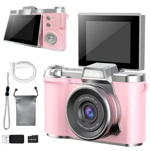 Latest Flip Cover Digital Camera 1080P Video Recording Simple Interface Multiple Filters Outdoor Selfie Gift 32GB Memory Card Reader Included Portable Camera with Pink Case & Accessories