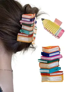 Novelty School Themed Hair Claw Clips, Stack of Books & Pencil Shape Acrylic Hair Clips, Back to School Accessories for Women Girls, Hair Accessory, Acrylic Material, Fun Accessories, Hair Clip Set, Hair Claws Set, Hair Decor