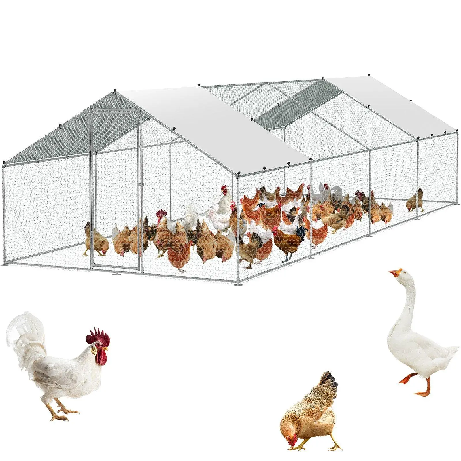 VEVOR Large Metal Chicken Coop with Run, Various specifications, Walk-in Chicken Runs for Yard with Cover, Spire Roof Hen House with Security Lock for
