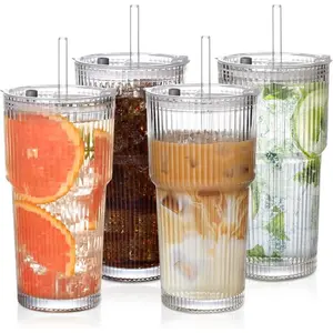 19oz Ribbed Glass Tumblers with Bamboo Lids & Reusable Straws – Set of 4 Thick Glass Cups for Iced Coffee, Smoothies, Juices & Cocktails