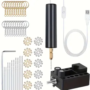 Electric resin drilling kit includes 100 gold and silver eye screws, eight spiral drill bits, a hex socket clamp, a casting mold for resin, and a keychain assembly, designed specifically for making jewelry keychains and pendants from resin, plastic, and w