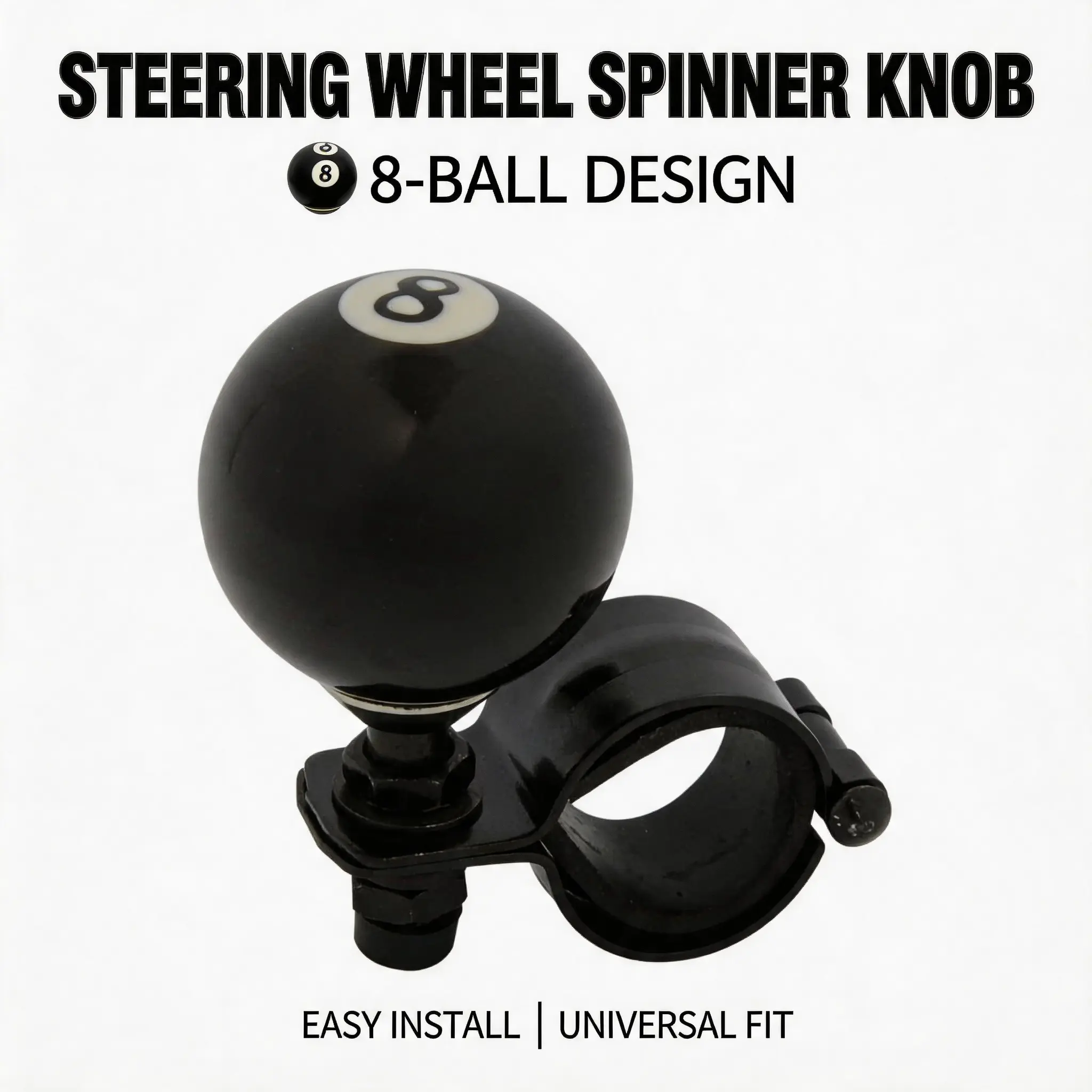 8 Ball Steering Wheel Spinner, Black Grip - Durable Construction, Custom Look, Easy Maneuverability, Precise Handling, Universal Fit for Cars, Trucks, SUVs