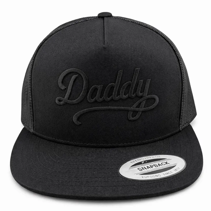 Yupoong Unisex Daddy Snapback Hat, Black Fabric with Bold Black Script Embroidery, Breathable Sides, Flat Brim, Playful Fashion Accessory, Embroidered Baseball Cap, Funny Dad Hat Premium Fitted Cap Dad Style Cap High Quality Hat