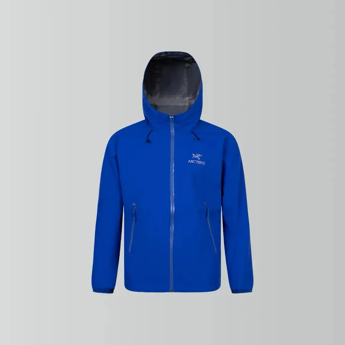 Unisex bright blue hooded rain jacket, waterproof breathable fabric, full front zipper, adjustable hood drawcords, zippered side pockets