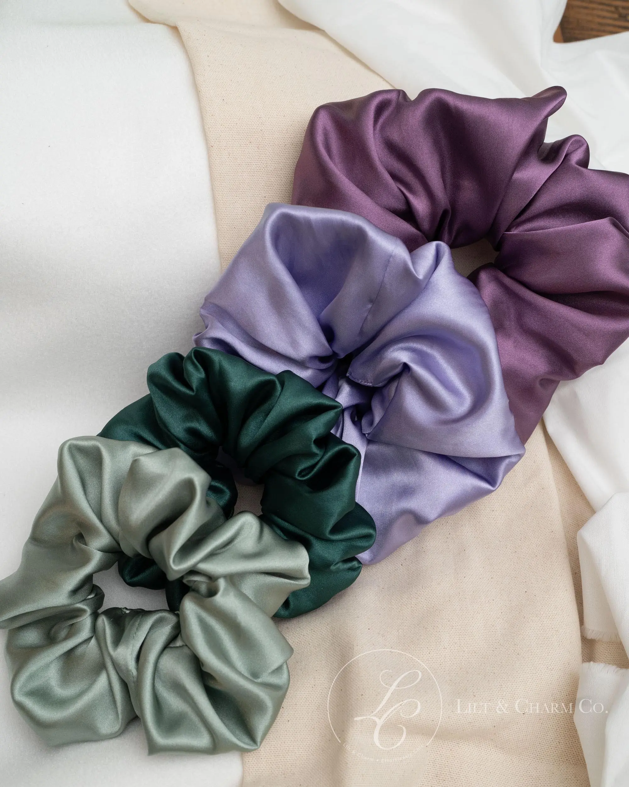 Soft Satin Scrunchie, Large Bridal Hair Tie in Lavender, Plum, Sage & Emerald, Personalized Initials Embroidery