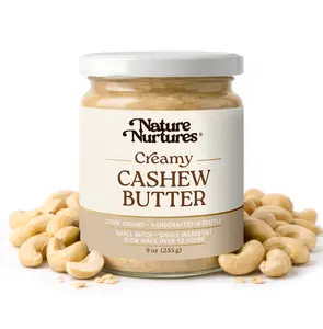 Creamy Cashew Butter · 100% Cashews · Single Ingredient · No Fillers · Raw · Stone Ground for 12 Hours · Small Batch · Handcrafted in USA · High Protein · 100% Pure & Natural · No Added Sugar · No Palm Oil · Packed in Glass Jar · 9 oz (255 g)