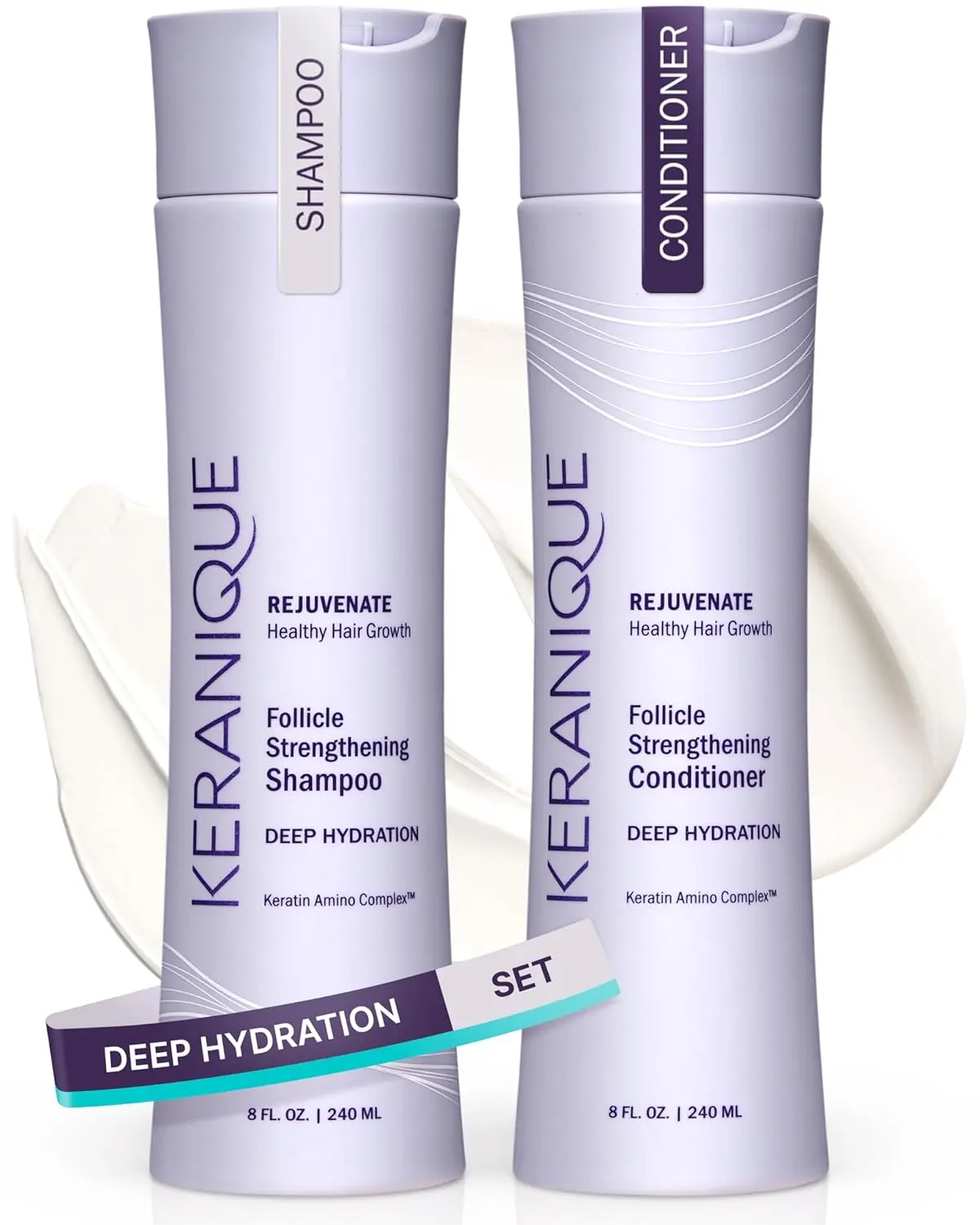 Keranique Keratin Shampoo & Conditioner Set, Thickening and Anti-Frizz Haircare for Soothing Follicle Repair, Sulfate-Free Formula, Curcumin, Zinc Gluconate, Apium Graveolens (Celery) Seed Extract, Arctium Majus Root Extract, Alcohol Free, Bisabolol, Cont