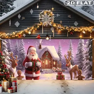 1count Festive Santa Claus Gingerbread House Garage Door Decoration, Festive Backdrops & Banners - Vibrant Holiday Scene with Reindeer & Gifts, Easy-to-Hang Polyester Cover for Christmas Parties, Outdoor Celebrations, and Garden Events, Christmas Decor