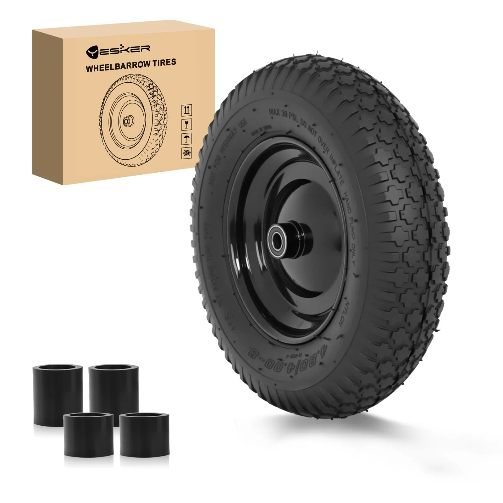 Yesker 4.80/4.00-8 NHS Standard Pneumatic Replacement Tires & Wheels, 16" Air-Inflated Tire with 5/8" Axle Bore for Wheelbarrow, Garden Carts, Strong Load, Smooth Rolling, Stability, Grass Traction, Shock Absorption (1 Pack), Load Performance, Wheelbarrow