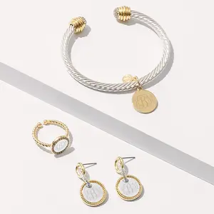 ML Marleylilly Personalized Monogrammed Cable Jewelry Set - Bracelet, Ring, and Earrings for Women