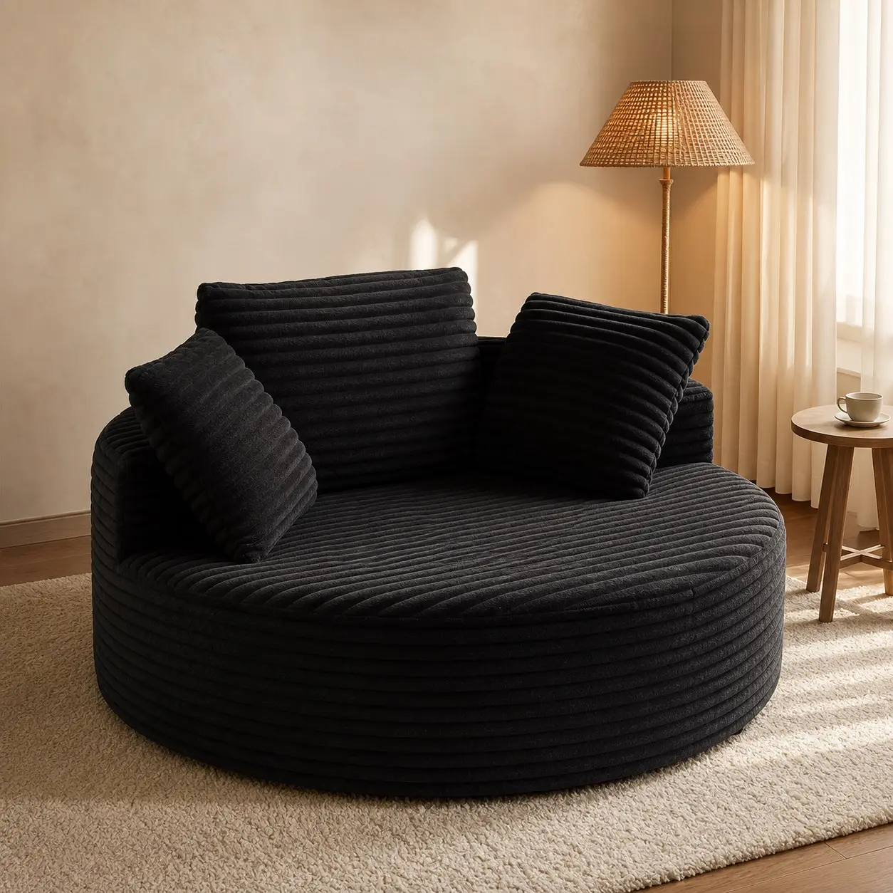 55.5-Inch Oversized Round Chaise Lounge Chair - Black Wide-Stripe Corduroy Upholstery, Deep Foam Seat, Soft Pillows, Wide Armrests, Boneless Cloud Sleeper Chair for Living Rooms, Media Rooms