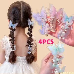 4pcs New Style Butterfly Pin Beaded Telephone Cord Hair Ties, Cute Colorful Butterfly Transparent Bead Telephone Cord Braided Hair Ties, Ponytail Holders, Suitable for Daily and Holiday Party Wear